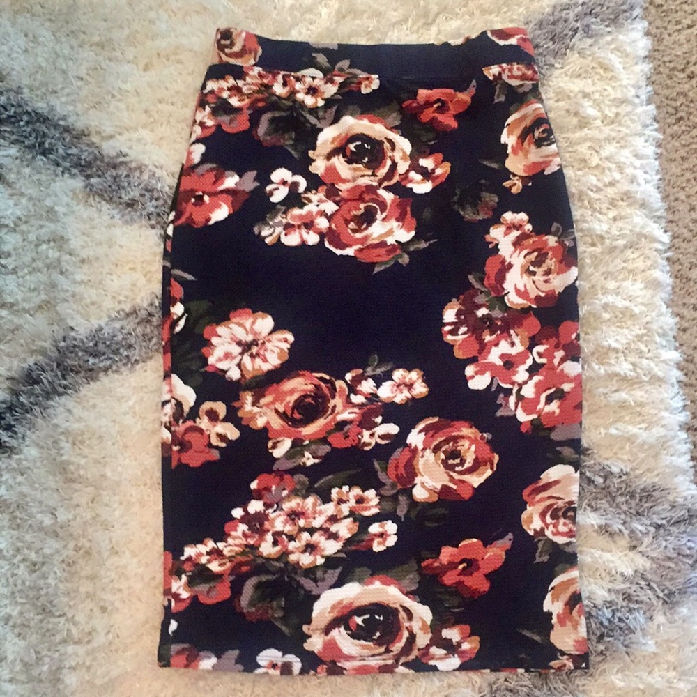 Navy & Burnt Orange Floral MIDI Skirt